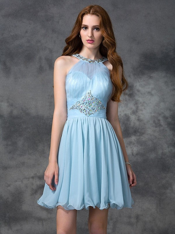 Cocktail Jeanie Homecoming Dresses Chiffon A-Line/Princess Scoop Beading Sleeveless Short Dresses