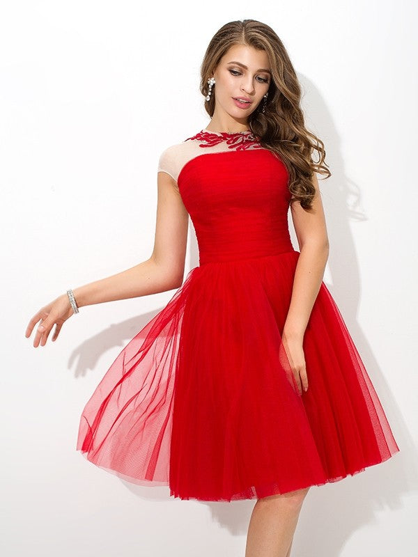 A-Line/Princess Sheer Homecoming Dresses Cocktail Krista Neck Applique Sleeveless Short Net Dresses