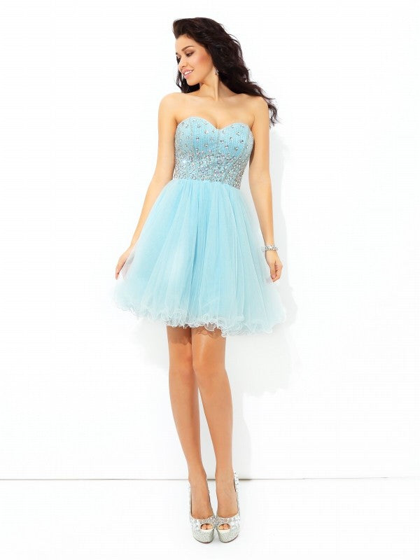 A-Line/Princess Sweetheart Beading Short Sleeveless Satin Homecoming Dresses Aryanna Cocktail Dresses