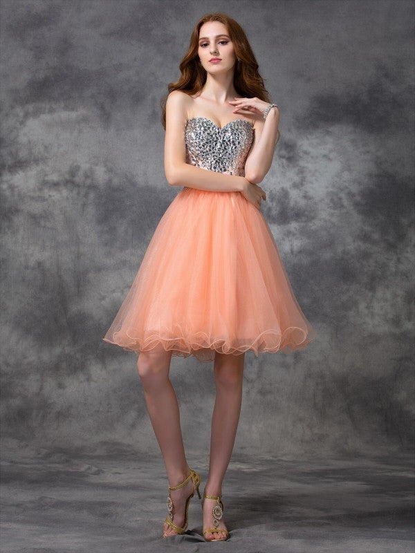 A-Line/Princess Spaghetti Straps Beading Sleeveless Short Net Dresses Homecoming Dresses Kathryn Cocktail