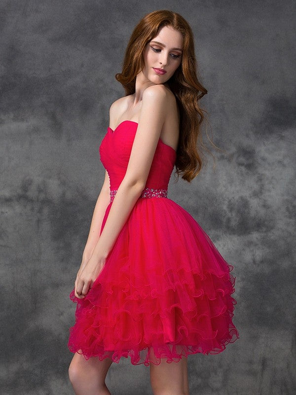 A-Line/Princess Sweetheart Beading Sleeveless Satin Homecoming Dresses Elisabeth Cocktail Short Dresses