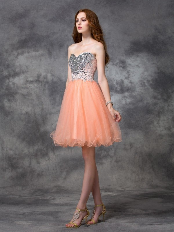 A-Line/Princess Spaghetti Straps Beading Sleeveless Short Net Dresses Homecoming Dresses Kathryn Cocktail