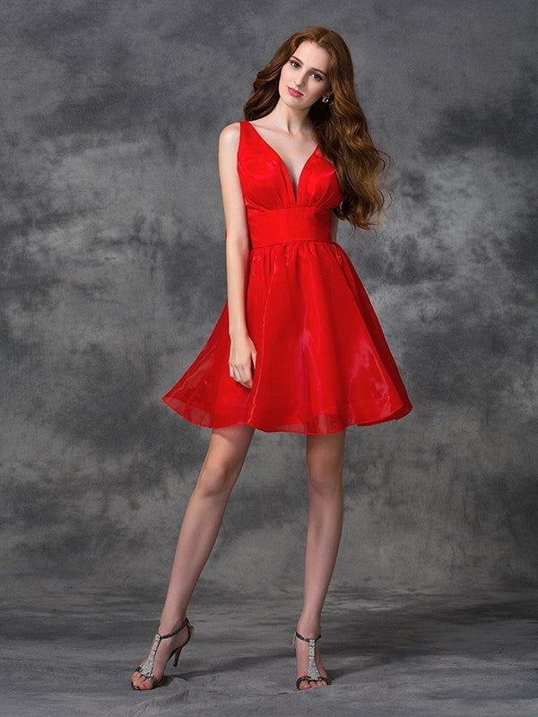 A-Line/Princess V-Neck Sash/Ribbon/Belt Sleeveless Short Organza Cocktail Kaylynn Homecoming Dresses Dresses