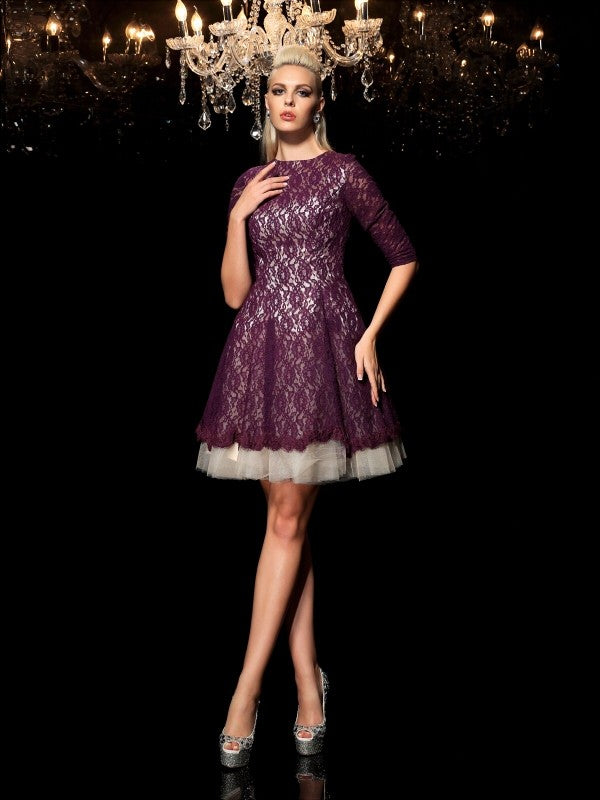 A-Line/Princess Sheer Neck 1/2 Sleeves Short Dresses Lace Cocktail Homecoming Dresses Amina