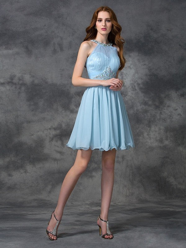 Cocktail Jeanie Homecoming Dresses Chiffon A-Line/Princess Scoop Beading Sleeveless Short Dresses