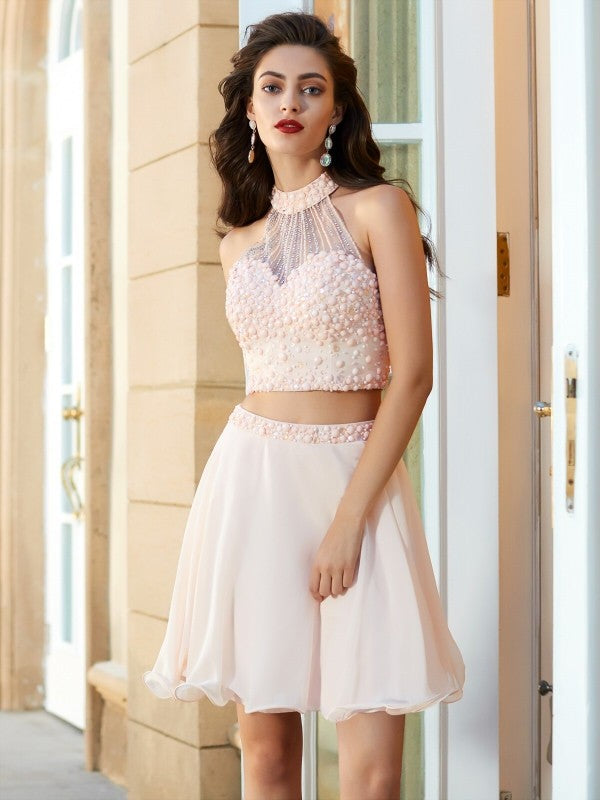 Brittany Homecoming Dresses Chiffon A-Line/Princess Halter Beading Sleeveless Short/Mini Two Piece Dresses