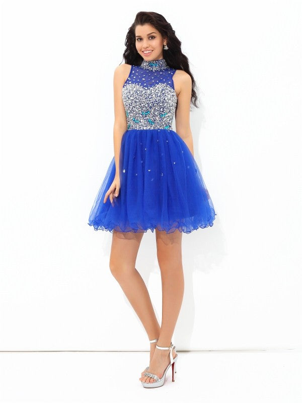 A-Line/Princess High Neck Beading Sleeveless Short Net Cocktail Neveah Homecoming Dresses Dresses