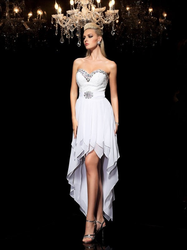 A-Line/Princess Sweetheart Beading Sleeveless Joslyn Cocktail Homecoming Dresses Chiffon High Low Dresses