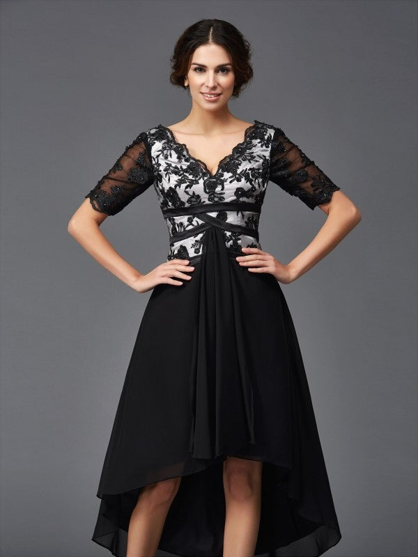 A-Line/Princess V-Neck 1/2 Sleeves High Low Homecoming Dresses Lace Bianca Chiffon Dresses