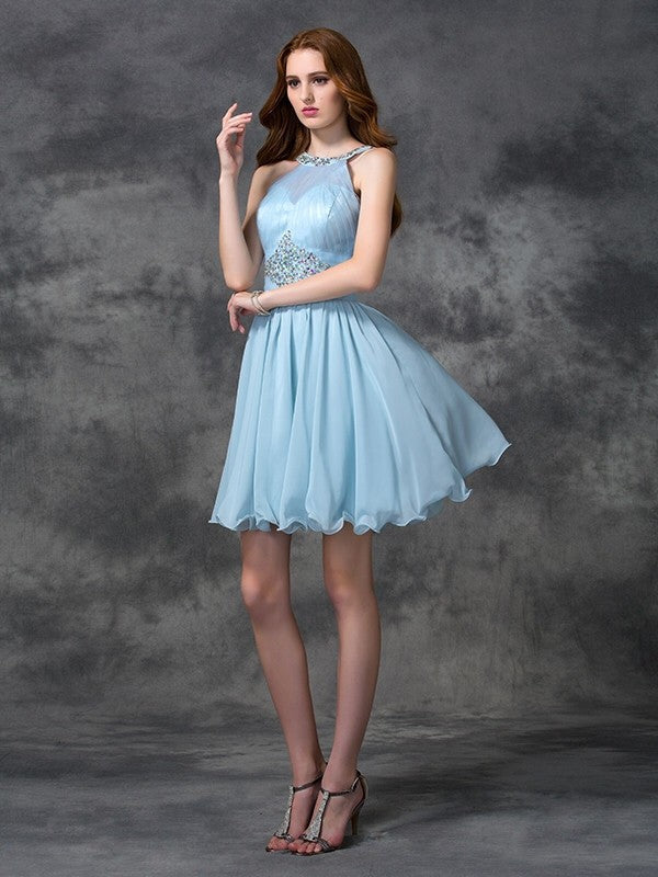 Cocktail Jeanie Homecoming Dresses Chiffon A-Line/Princess Scoop Beading Sleeveless Short Dresses