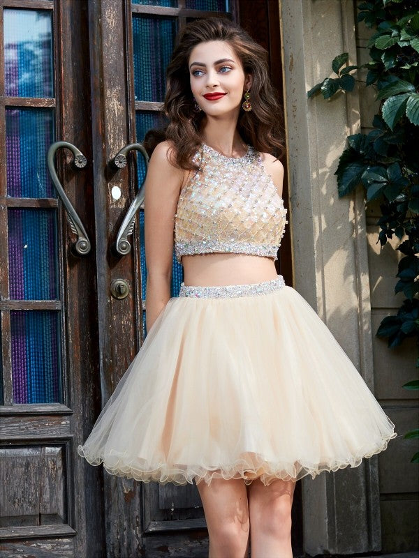 Homecoming Dresses Hanna A-Line/Princess Scoop Net Sleeveless Beading Short/Mini Two Piece