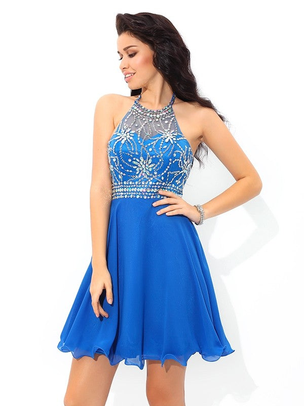 A-Line/Princess Cocktail Homecoming Dresses Chiffon Pam Halter Sleeveless Beading Short Dresses