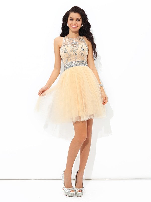 A-Line/Princess Sheer Homecoming Dresses Cocktail Janiyah Neck Beading Sleeveless Short Net Dresses