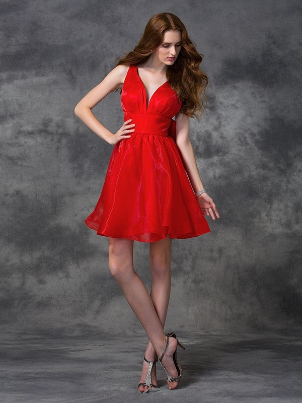 A-Line/Princess V-Neck Sash/Ribbon/Belt Sleeveless Short Organza Cocktail Kaylynn Homecoming Dresses Dresses