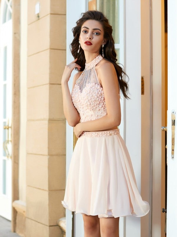 Brittany Homecoming Dresses Chiffon A-Line/Princess Halter Beading Sleeveless Short/Mini Two Piece Dresses