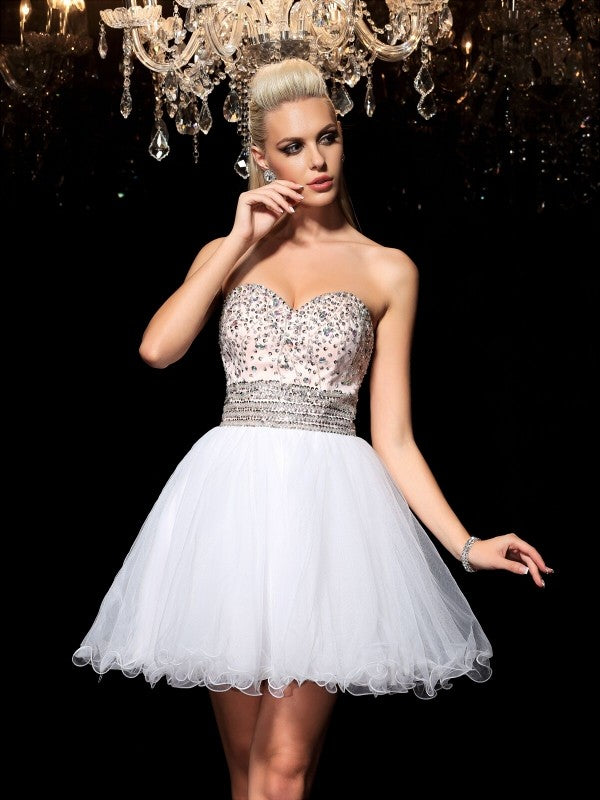 A-Line/Princess Sweetheart Azul Cocktail Homecoming Dresses Beading Sleeveless Short Net Dresses