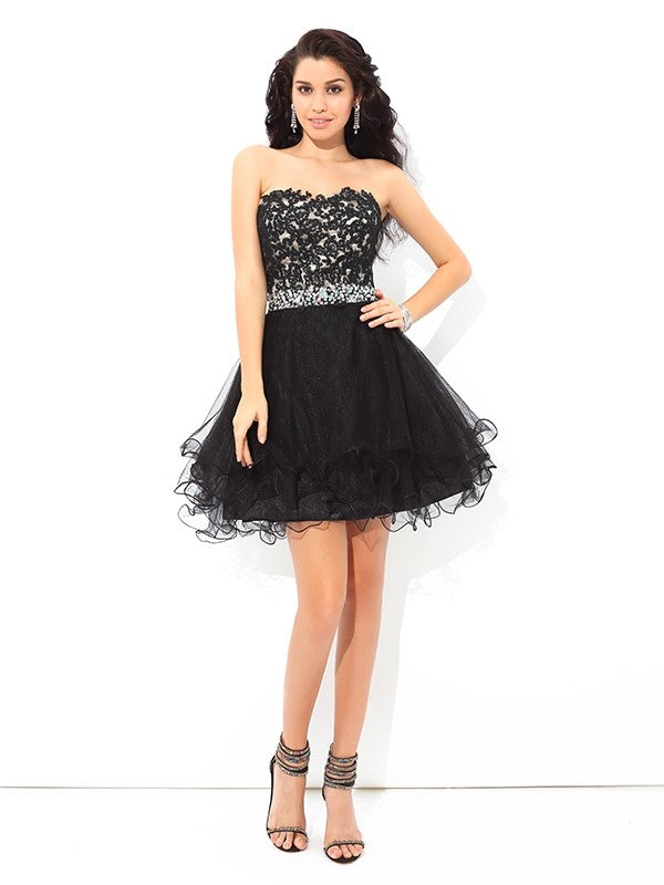 A-Line/Princess Homecoming Dresses Ada Cocktail Satin Sweetheart Applique Sleeveless Short Dresses