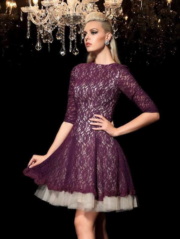 A-Line/Princess Sheer Neck 1/2 Sleeves Short Dresses Lace Cocktail Homecoming Dresses Amina