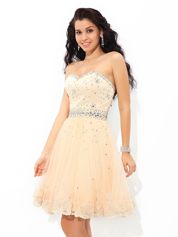 Brooklynn Cocktail Satin Homecoming Dresses A-Line/Princess Sweetheart Beading Sleeveless Short Dresses