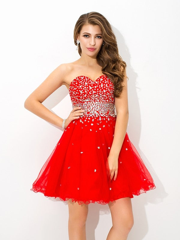 A-Line/Princess Sweetheart Beading Sleeveless Short Organza Dresses Ashleigh Cocktail Homecoming Dresses