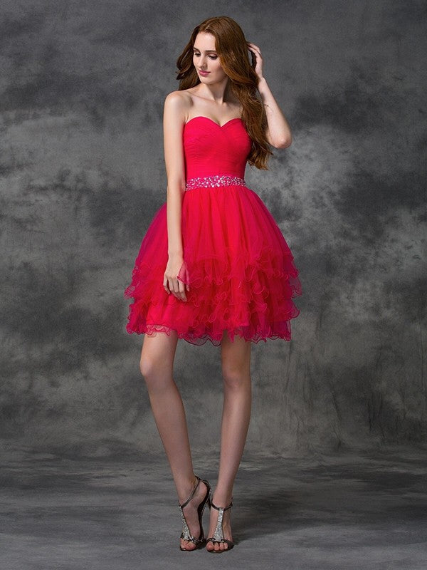 A-Line/Princess Sweetheart Beading Sleeveless Satin Homecoming Dresses Elisabeth Cocktail Short Dresses