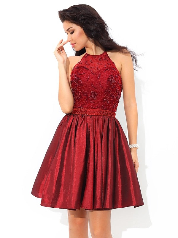 A-Line/Princess Cocktail Ximena Homecoming Dresses Halter Beading Sleeveless Short Taffeta Dresses