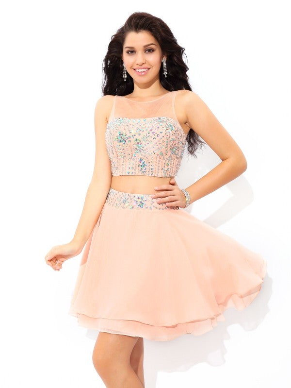 A-Line/Princess Chiffon Jo Homecoming Dresses Sheer Neck Beading Sleeveless Short Two Piece Dresses