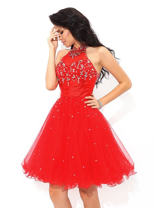 A-Line/Princess Cocktail Kinsley Homecoming Dresses High Neck Beading Sleeveless Short Net Dresses