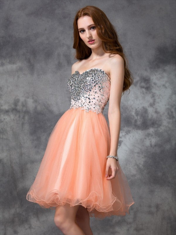 A-Line/Princess Spaghetti Straps Beading Sleeveless Short Net Dresses Homecoming Dresses Kathryn Cocktail