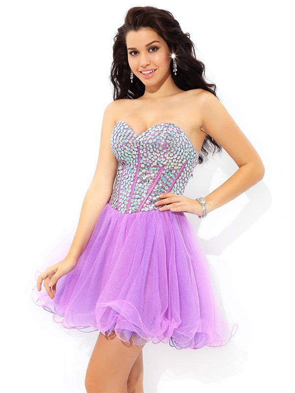 A-Line/Princess Sweetheart Rosa Homecoming Dresses Cocktail Paillette Sleeveless Short Net Dresses