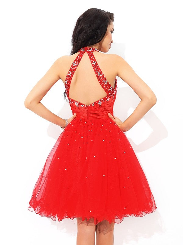 A-Line/Princess Cocktail Kinsley Homecoming Dresses High Neck Beading Sleeveless Short Net Dresses