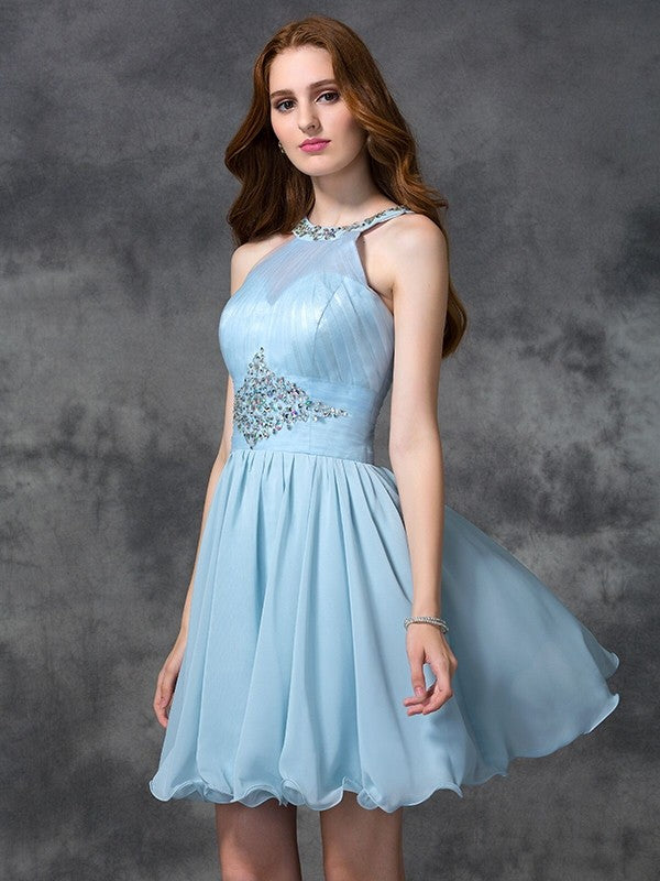 Cocktail Jeanie Homecoming Dresses Chiffon A-Line/Princess Scoop Beading Sleeveless Short Dresses