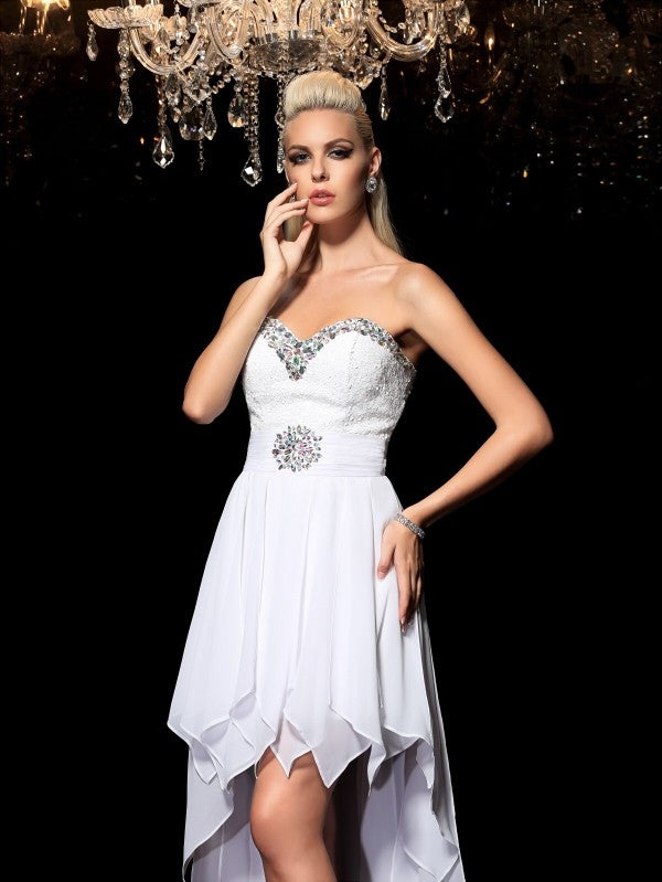 A-Line/Princess Sweetheart Beading Sleeveless Joslyn Cocktail Homecoming Dresses Chiffon High Low Dresses