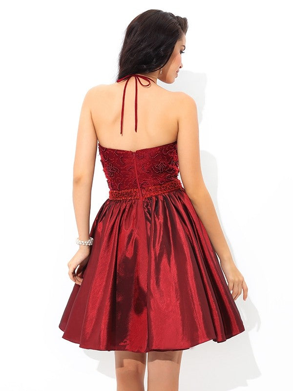 A-Line/Princess Cocktail Ximena Homecoming Dresses Halter Beading Sleeveless Short Taffeta Dresses