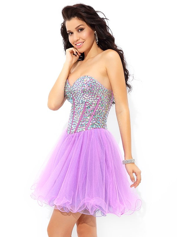 A-Line/Princess Sweetheart Rosa Homecoming Dresses Cocktail Paillette Sleeveless Short Net Dresses