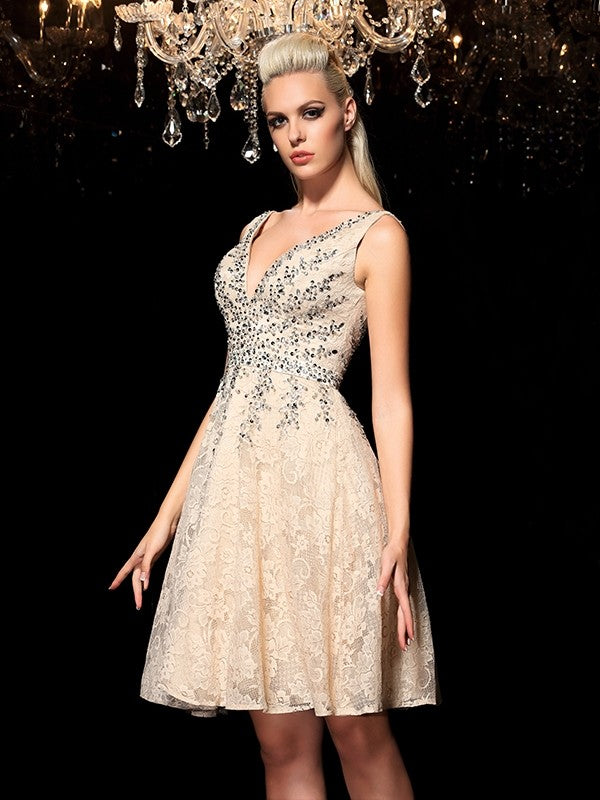 Homecoming Dresses Lace Olivia Cocktail A-Line/Princess V-Neck Beading Sleeveless Short Dresses