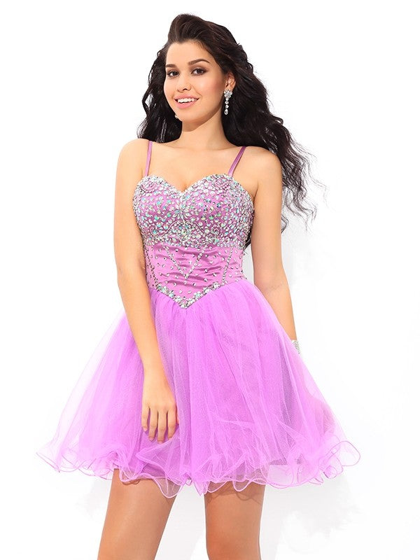 A-Line/Princess Spaghetti Straps Paillette Sleeveless Short Net Dresses Cocktail Joslyn Homecoming Dresses