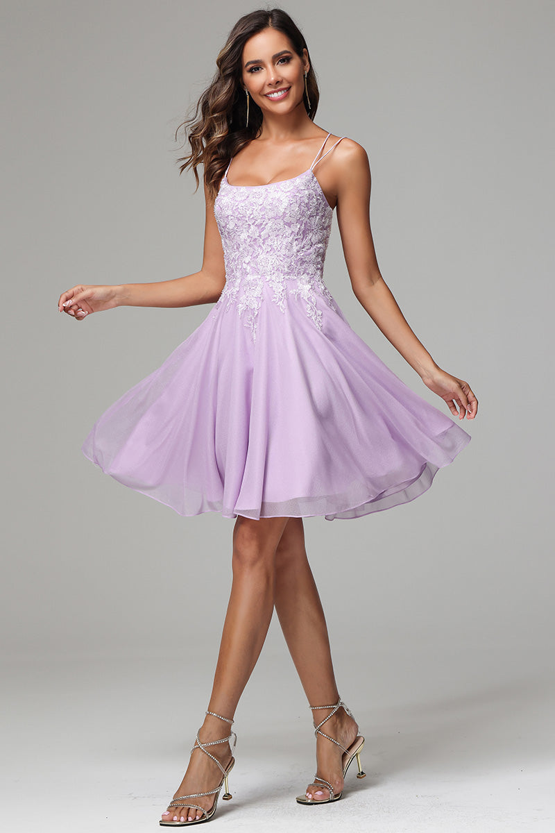 Lilac A-line Spaghetti Straps Short Homecoming Dress with Appliques