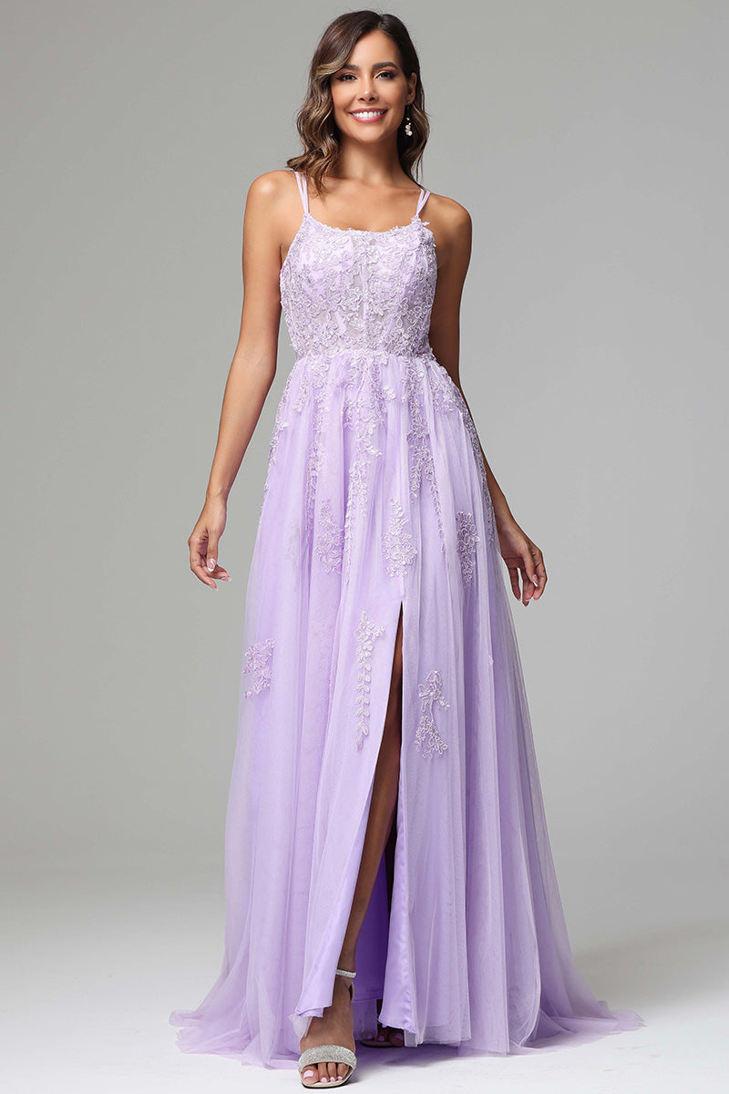 Lilac Spaghetti Straps Lace Appliques Long Prom Dress