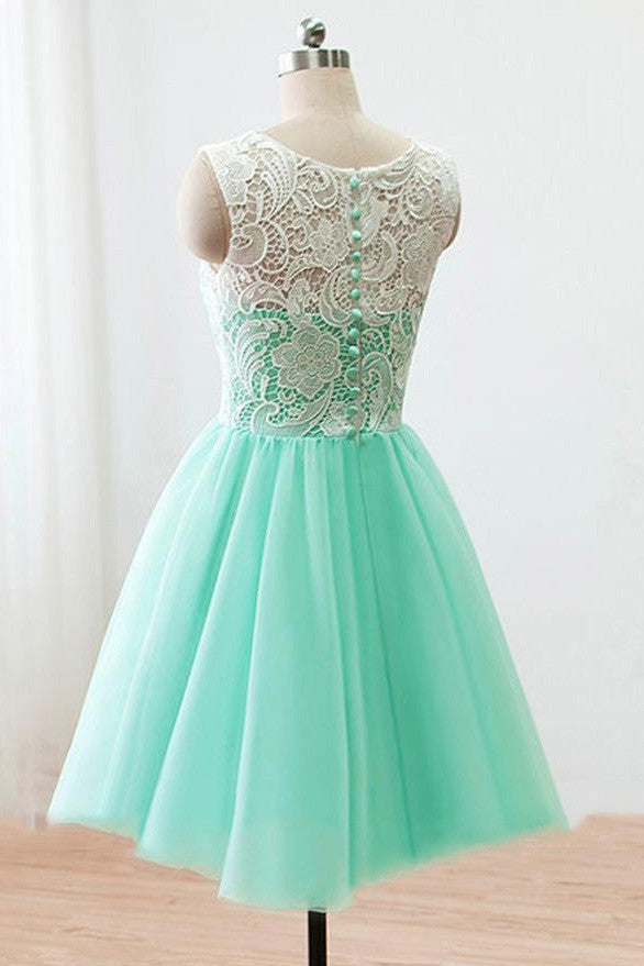 Modest Lace Top Mint Green Tulle Short Prom Homecoming Dresses