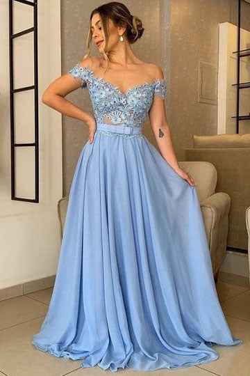 A Line Chiffon Blue Off the Shoulder Dress Appliques Evening Long Prom Dresses