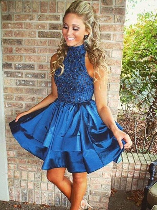 Cecilia Homecoming Dresses A-Line Princess Sleeveless High Neck Beading Taffeta Short