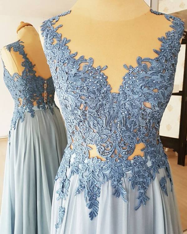 Chiffon Light Blue Lace Appliques Long Formal Prom Dresses