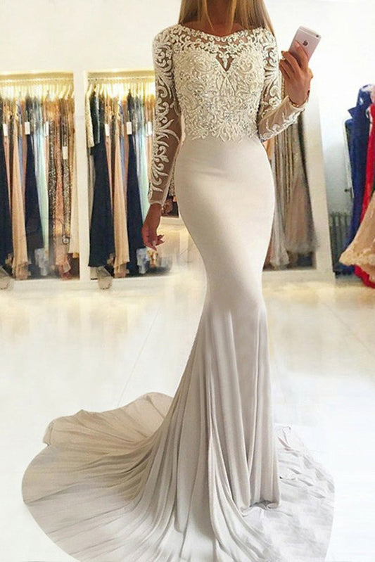 Flossy Long Sleeves Round Neck Mermaid Prom Dresses Sweep Train