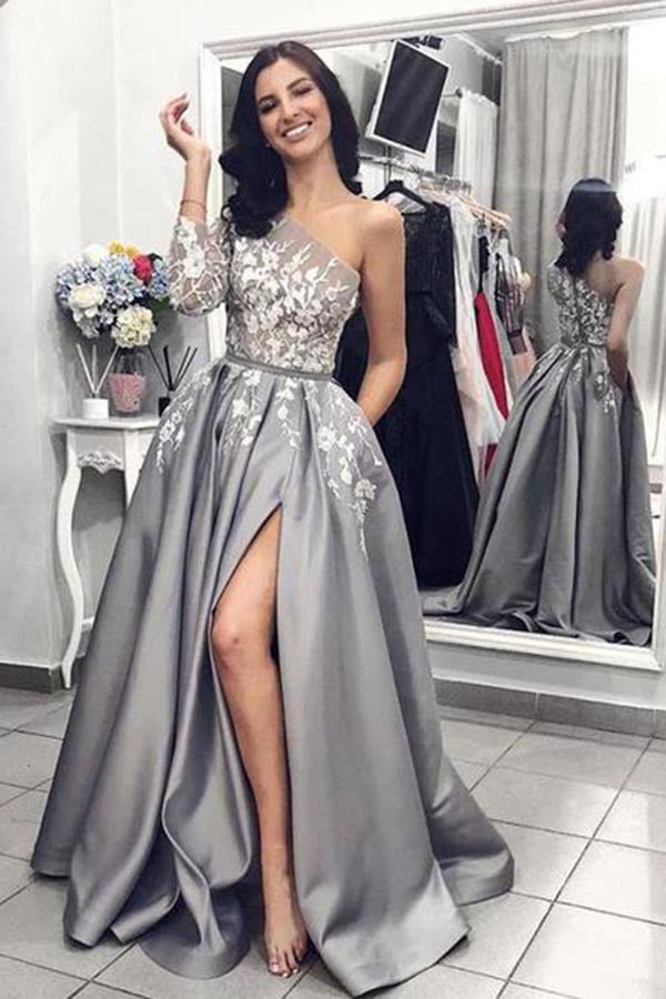 Elegant One Shoulder Long Sleeves Lace Appliques Prom Dresses with Split Side