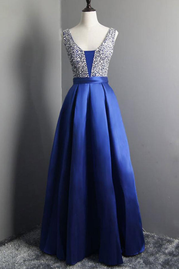 Simple Beaded Satin Blue Long V Neck Prom Dresses