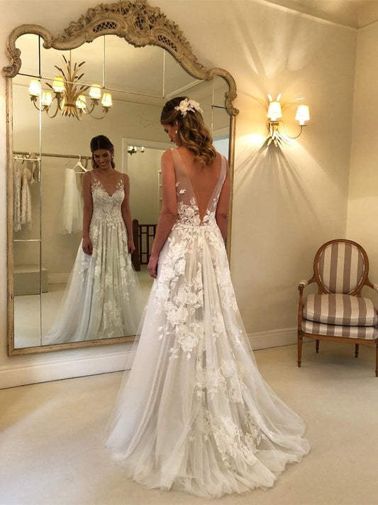 Elegant Lace V Neck Backless With Applique Wedding Dresses