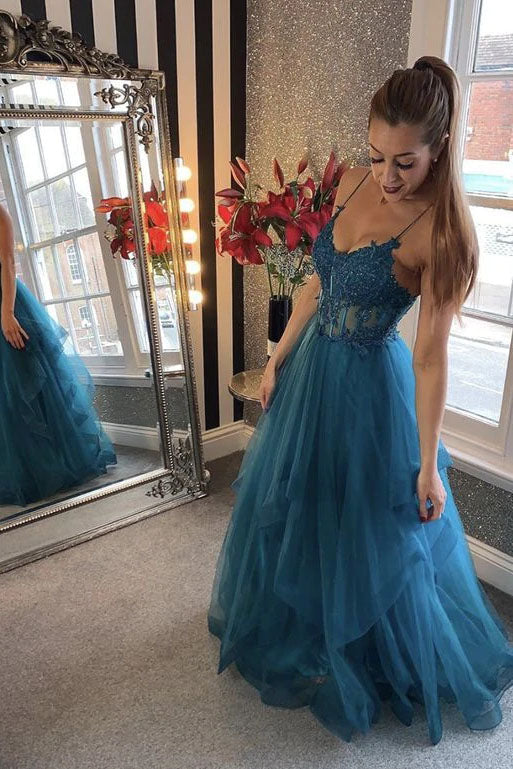 Long Prom Dresses A Line Blue Tulle Lace Appliques Formal Evening Dresses