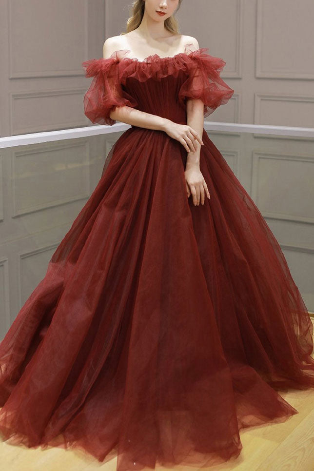 Burgundy Off Shoulder A Line Formal Evening Dresses Tulle Long Prom Dresses