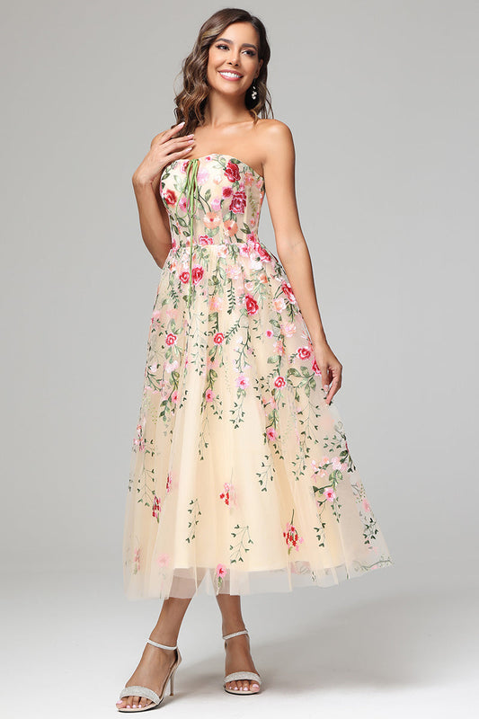 Unique Flower Embroidered Tea Length Prom Dress